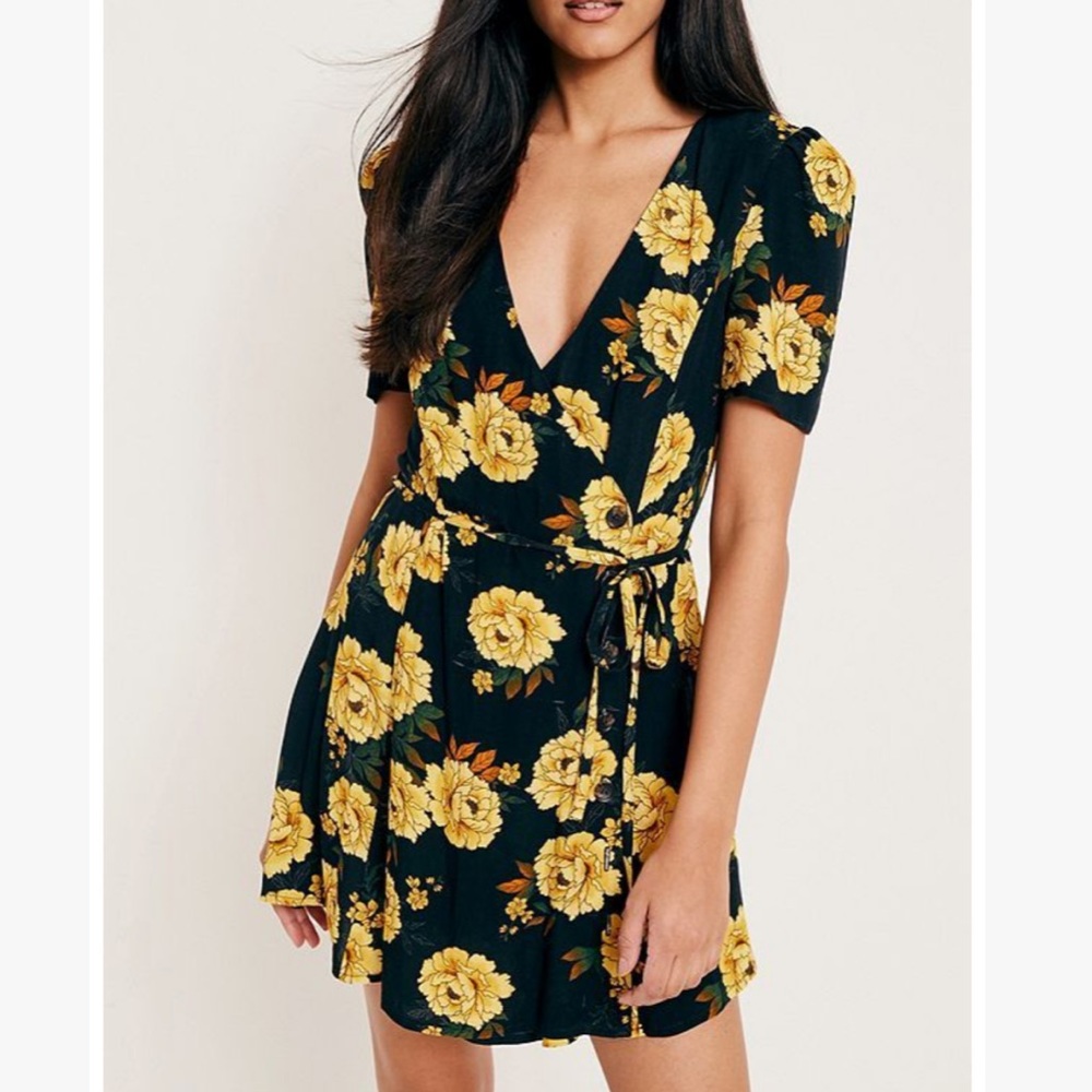 UO Pins & Needles black yellow flower wrap dress S